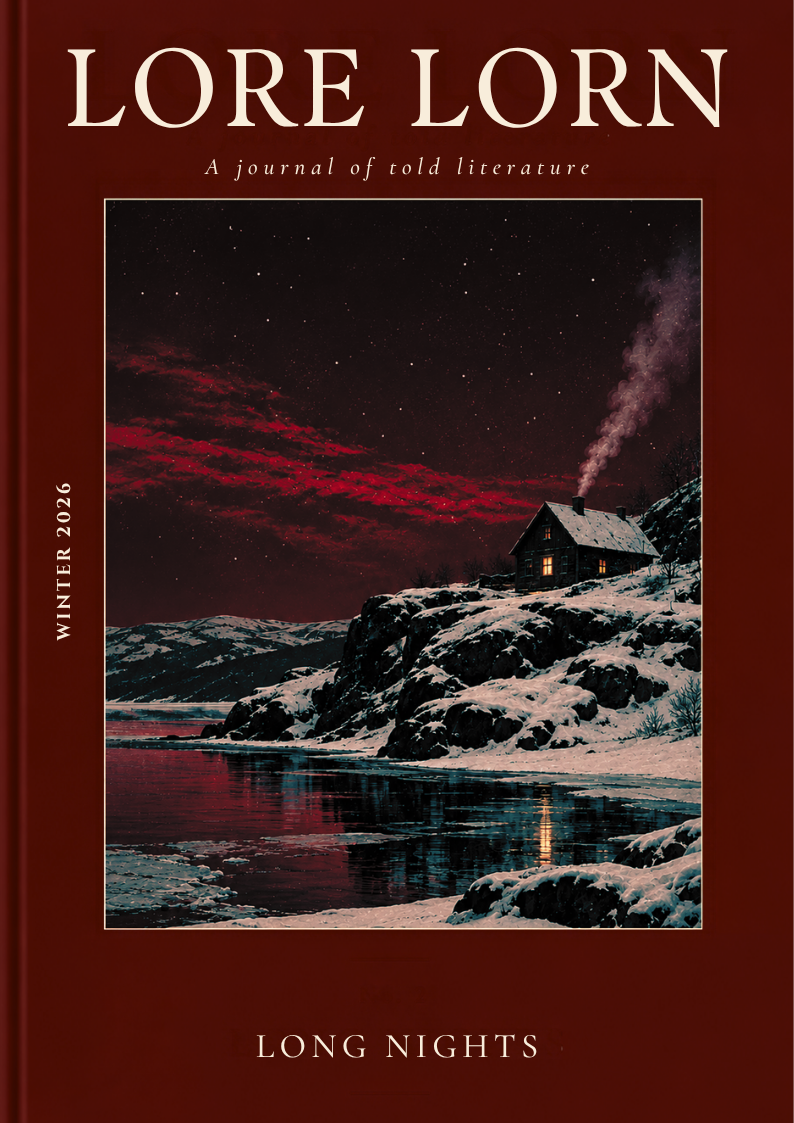 Lore Lorn Winter 2026: Long Nights cover, showing a snow-covered cabin beneath a dark red night sky